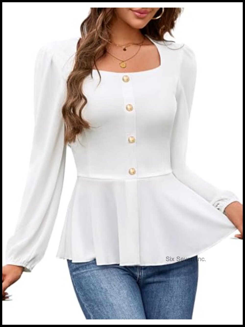 Peplum Long Sleeve Square Neck Ruffle Hem Blouse Business Casual Work Top